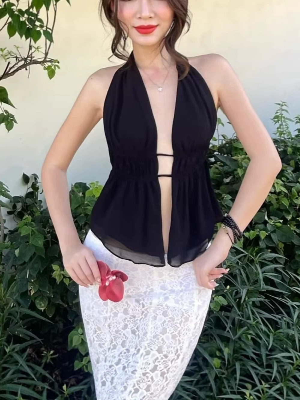 ZARA Spring New Sexy Solid Color Open Back Tie Hollow Out Slim Fit Halter Top